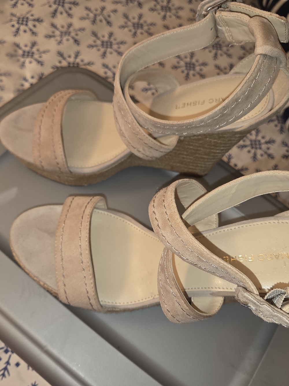 Marc Fisher Beige Suede Espadrille Wedge Sandals